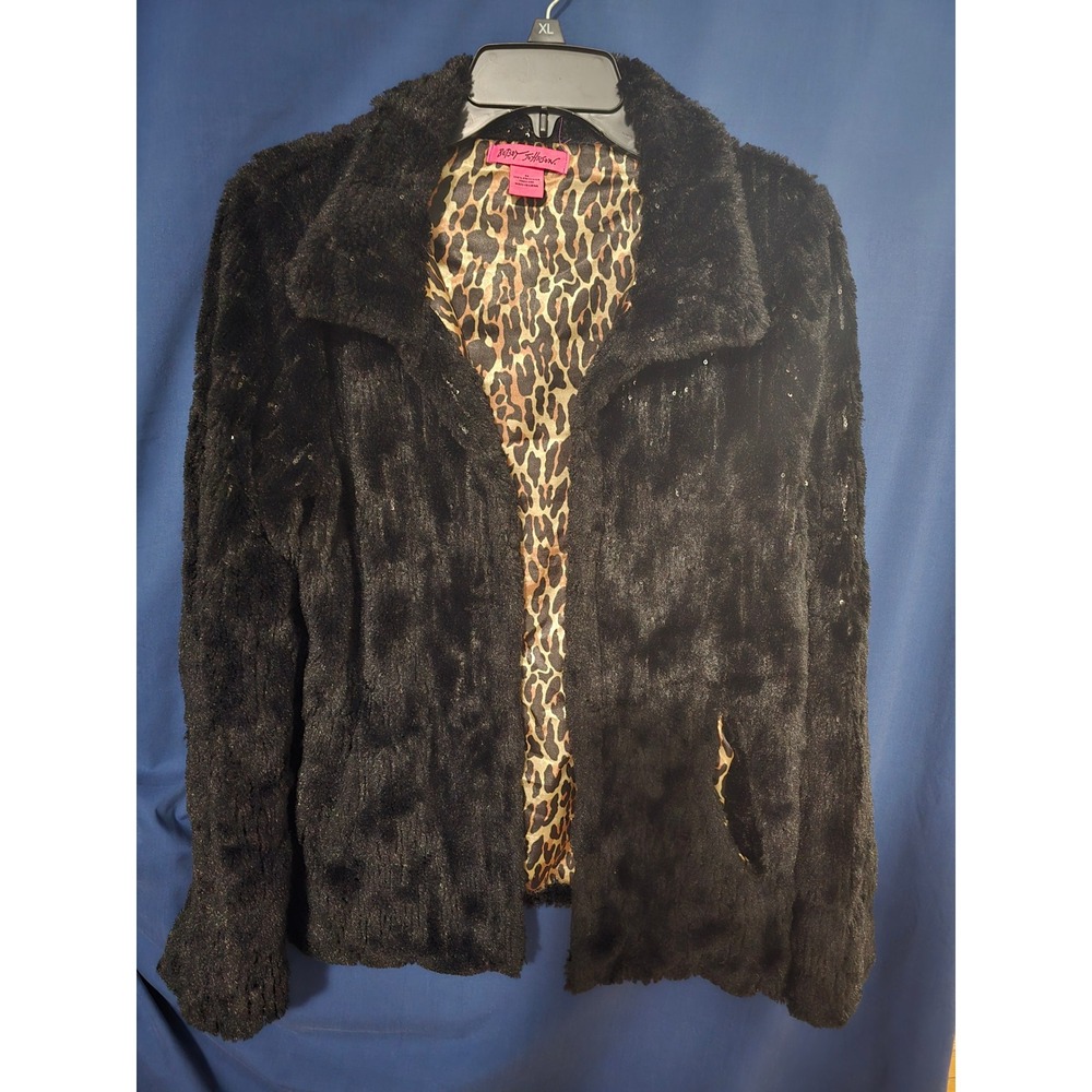 Betsey Johnson Black Faux Fur Sequin Jacket Leopard Lining Women Medium